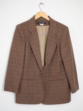 Vintage Wool Houndstooth Blazer Brown Burgundy Green Sz 8P | Savannah